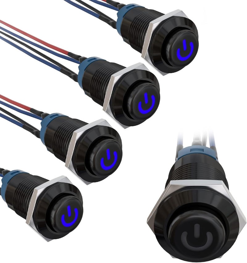 STARELO 5PCS 12mm Latching LED Push Button Switch Mini Round Black Shell with Pre-Wired, Power Mark Logo, IP65 Waterproof Push Button Switch, 1NO 1 Normally, Self Latching (Blue) with LED. - Image 1